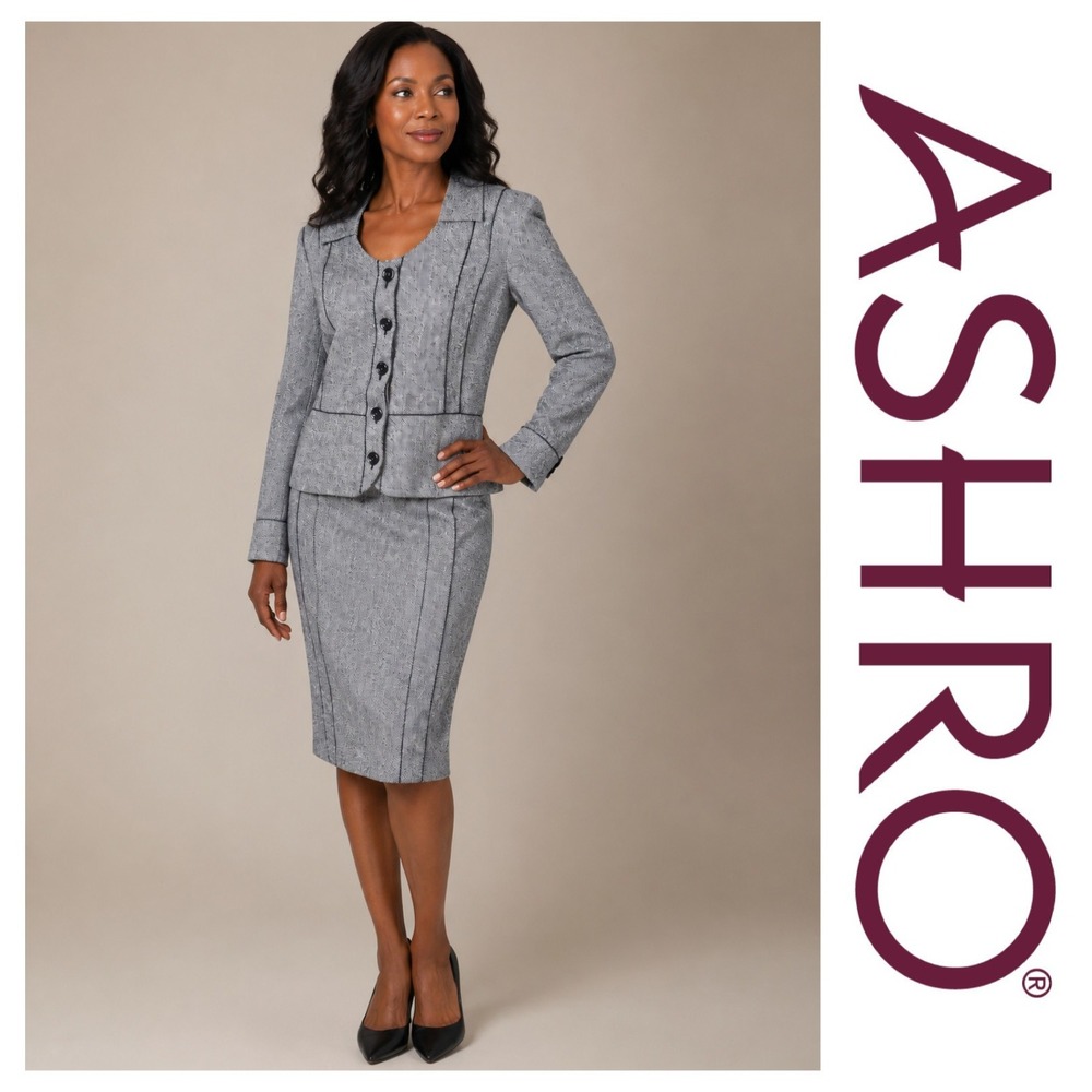 Ashro 2 Pc Black White Tweed Wool Blend Skirt Suit Career Church Chic Plus Sz 26